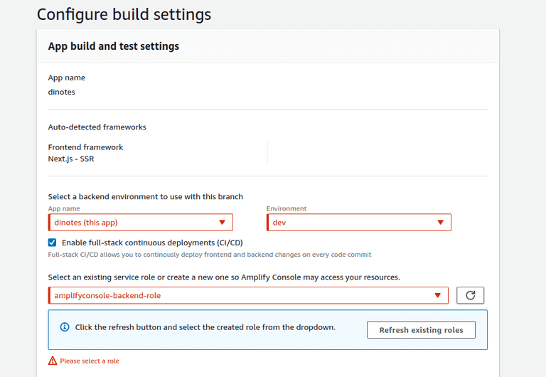 dinotes amplify hosting configure build settings 2