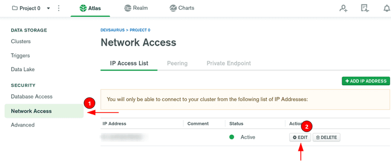 mongodb atlas network access edit